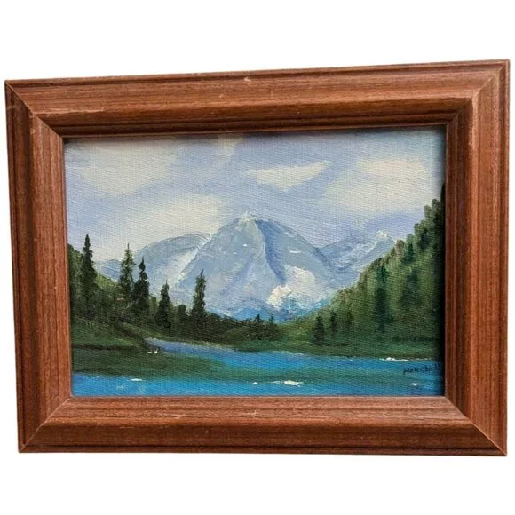 Original Mountain Landscape Painting In Wood Frame 6.75" x 8.75" Signed By Artis - Picture 7 of 12